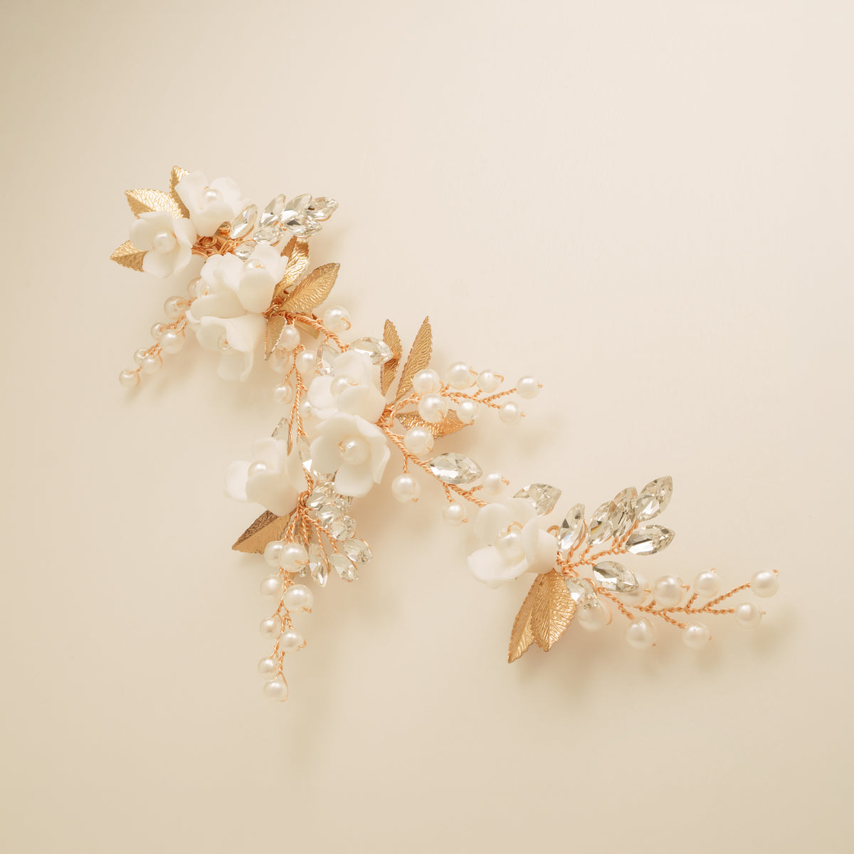 Kiki Crystal Pearl Leaves Flowers Wedding Hair Vine / Gold