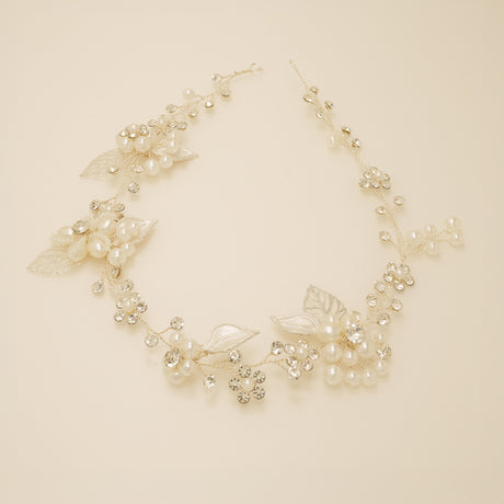 Vintage Leaves Pearls and Crystals Bridal Hair Vine / Silver