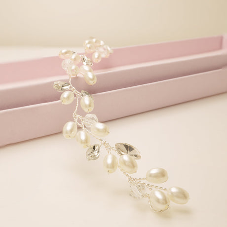 Tasha Short Pearl and Crystal Hair Vine in Silver