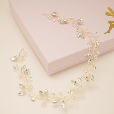 Tessa Long Crystal Hair Vine in Gold