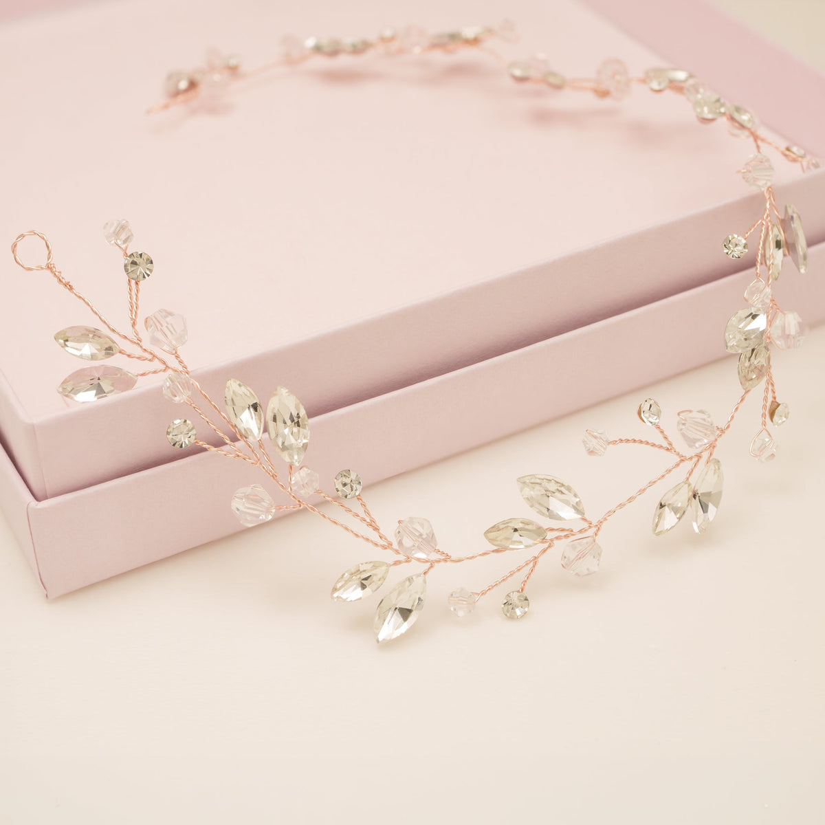 Tessa Long Crystal Hair Vine in Rose Gold