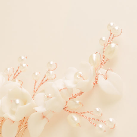 Ella Floral Ceramic Ivory Pearl Wedding Hair Comb / Rose Gold