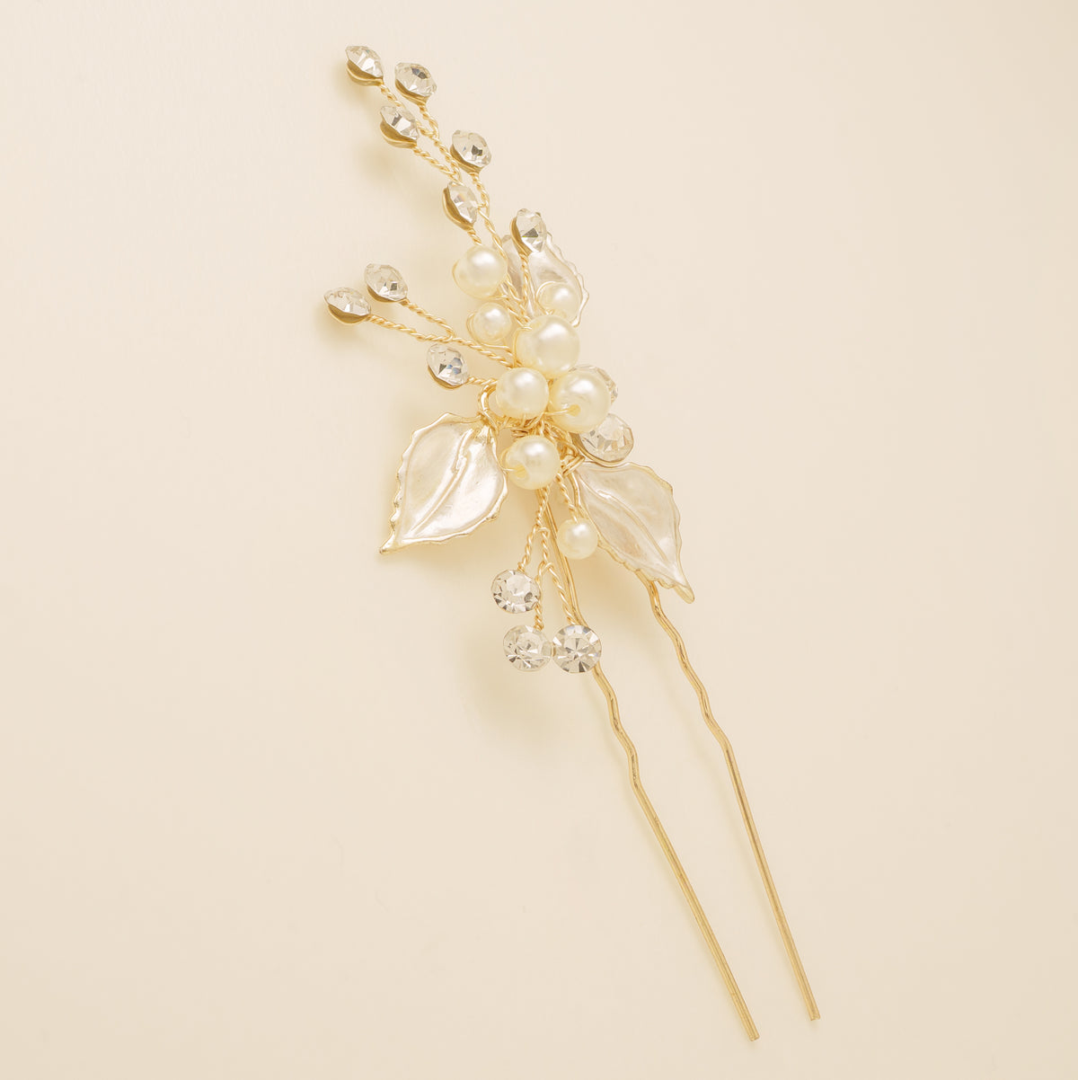 Millie Crystal and Pearl Wedding Hair Pin / Leaves / Gold
