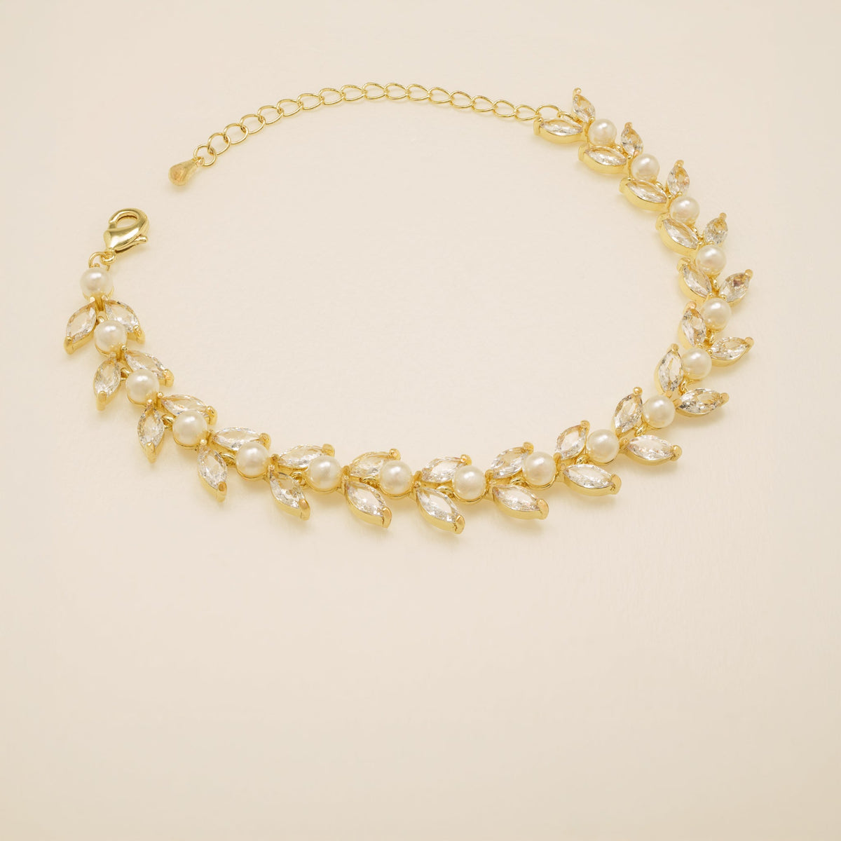 Cressida Pearl and Crystal Leaf Wedding Bracelet / Gold