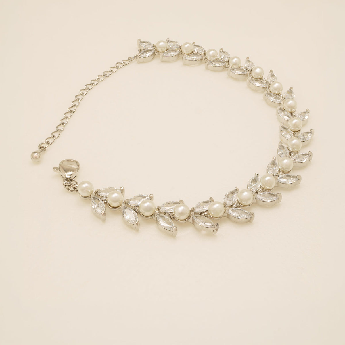 Cressida Pearl and Crystal Leaf Wedding Bracelet / Silver