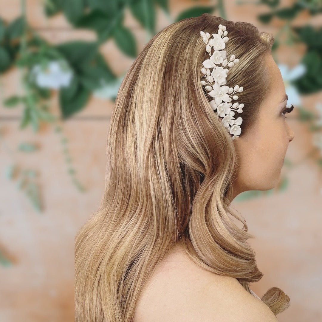 Ella Floral Ceramic Ivory Pearl Wedding Hair Comb in Silver photo 8