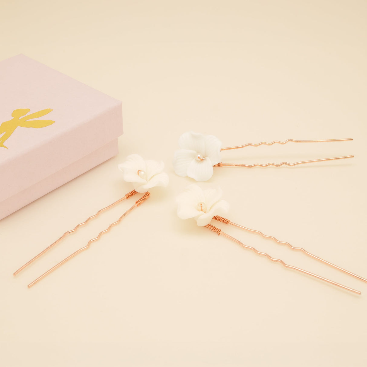 Fleur Ceramic Flower Pearl Wedding Hair Pins / Rose Gold