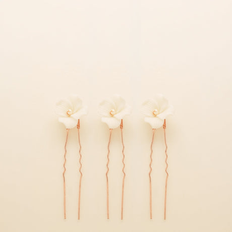 Fleur Ceramic Flower Pearl Wedding Hair Pins / Rose Gold