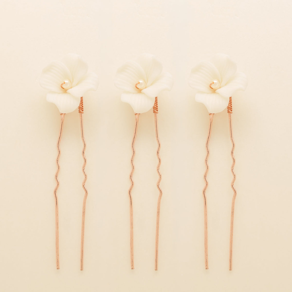 Fleur Ceramic Flower Pearl Wedding Hair Pins / Rose Gold
