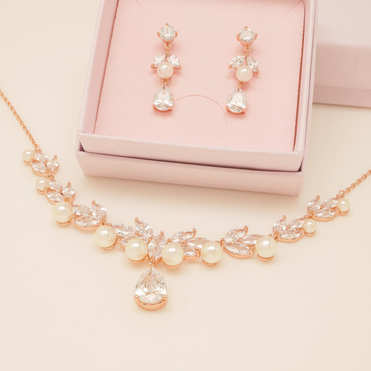 Lucia Pearl and Crystal Bridal Jewellery Set / Rose Gold