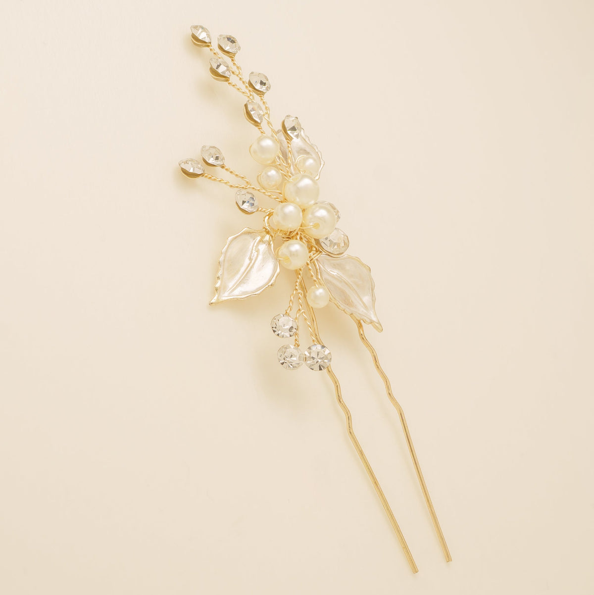 Millie Crystal and Pearl Leaves Wedding Hair Pin in Gold photo 5