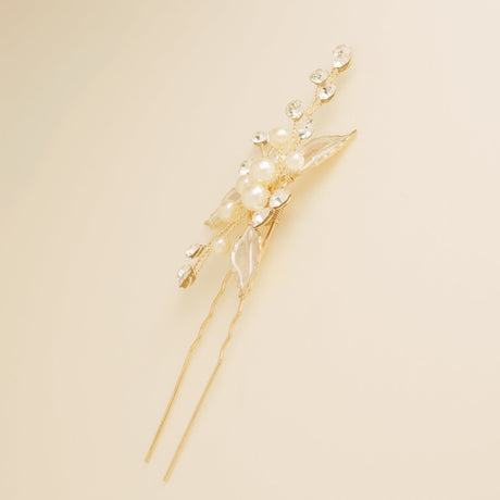 Millie Crystal and Pearl Leaves Wedding Hair Pin in Gold photo 6