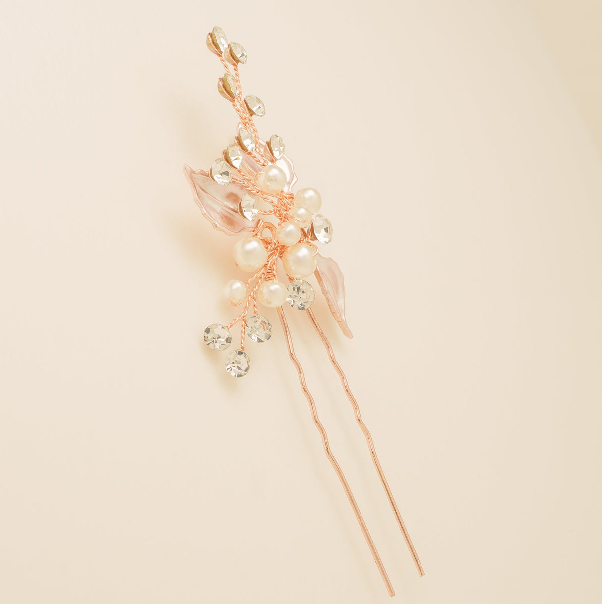 Millie Crystal and Pearl Leaves Wedding Hair Pin in Rose Gold photo 4