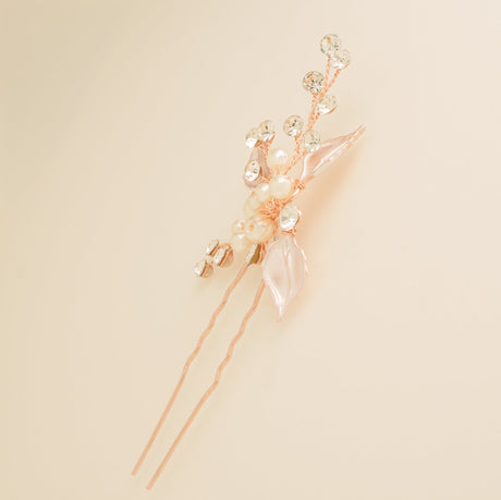 Millie Crystal and Pearl Leaves Wedding Hair Pin in Rose Gold photo 7