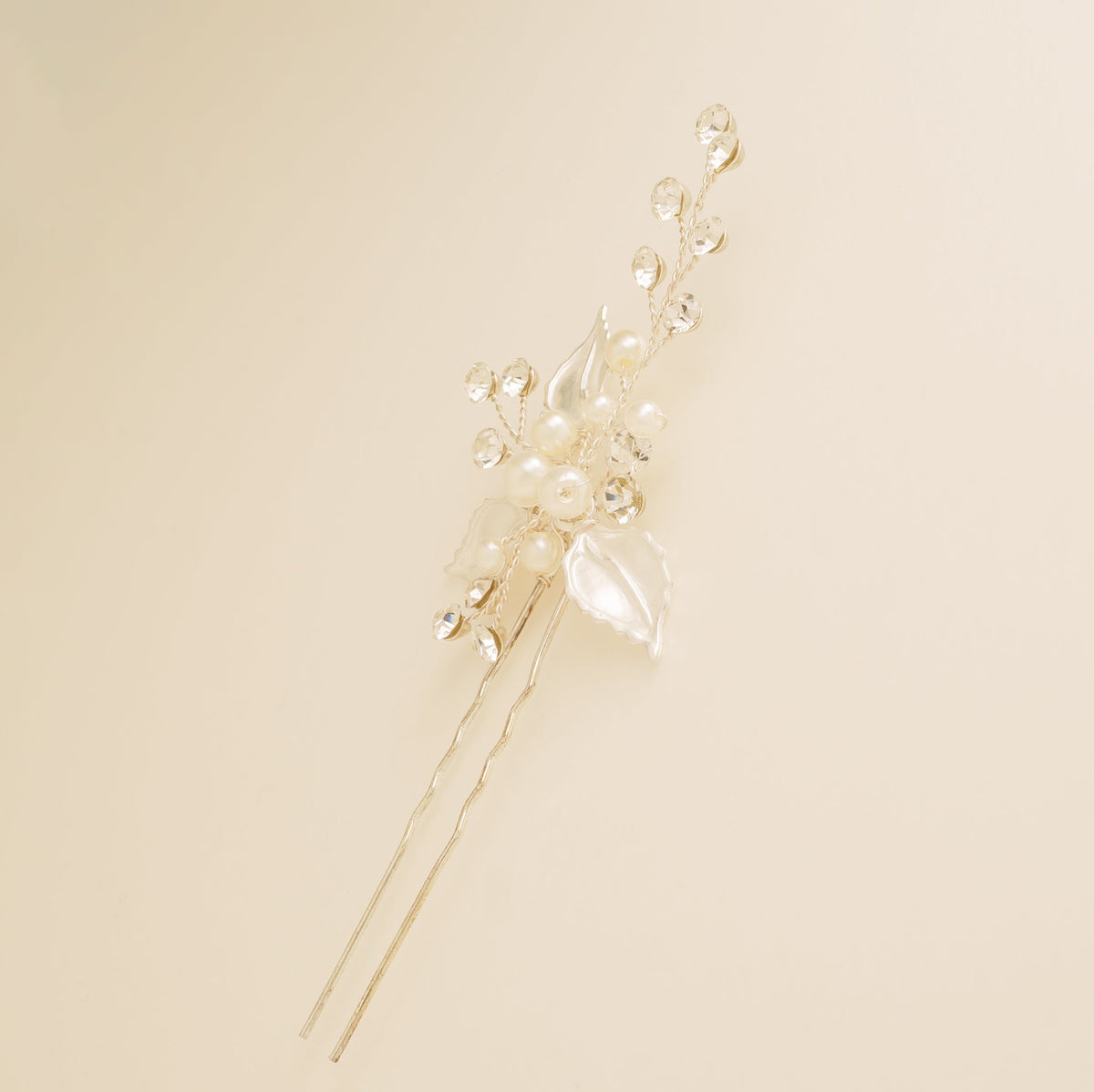 Millie Crystal and Pearl Wedding Hair Pin / Leaves / Silver