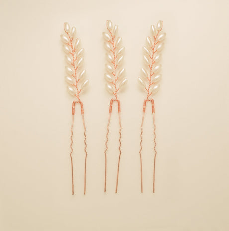Pampas Style Pearl Sprigs Wedding Hair Pins / Rose Gold
