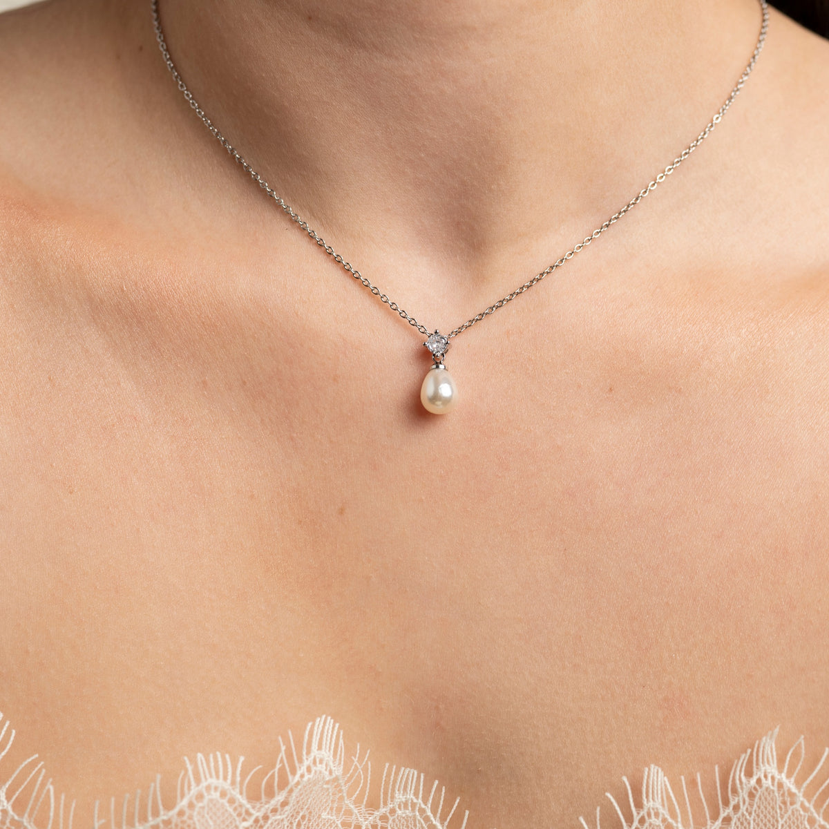 Eclipse Pearl and Crystal Bridal Necklace / Silver