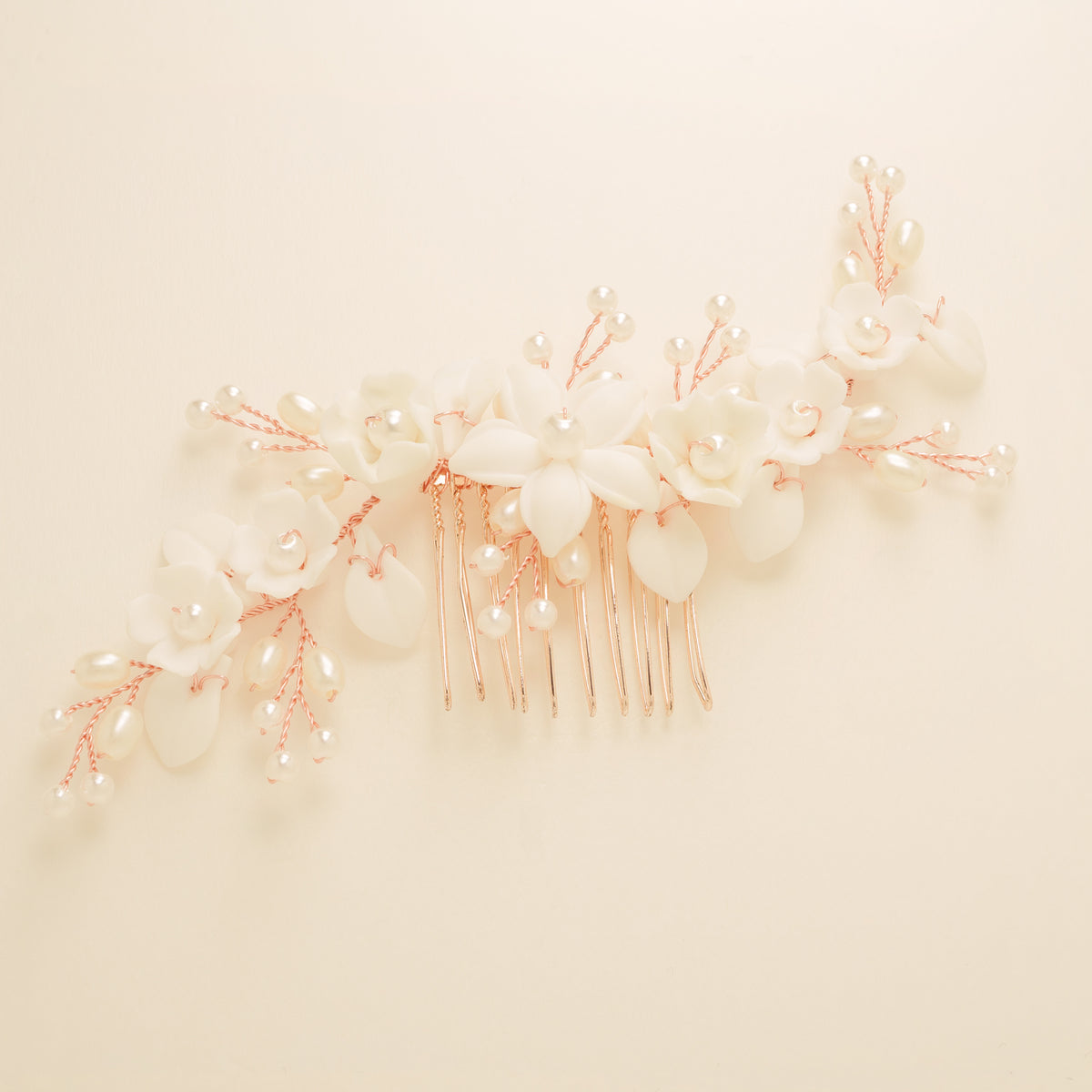 Ella Floral Ceramic Ivory Pearl Wedding Hair Comb / Rose Gold