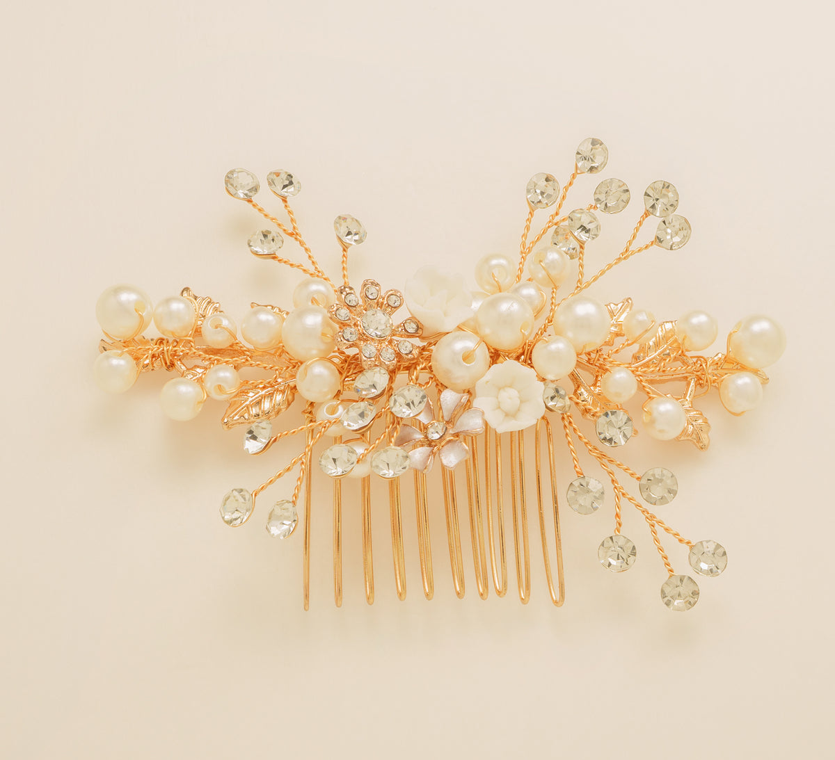Gloria Leaves Pearl and Crystal Wedding Hair Comb / Gold