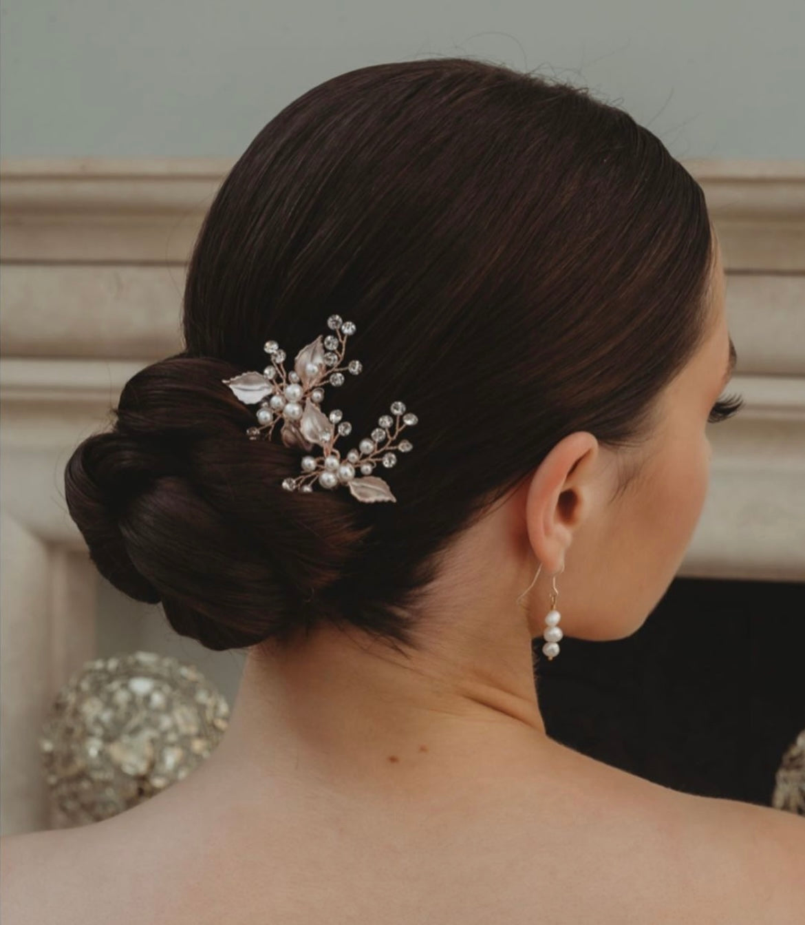 Millie Crystal and Pearl Wedding Hair Pin / Leaves / Rose Gold