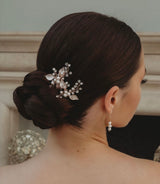 Millie Crystal and Pearl Wedding Hair Pin / Leaves / Rose Gold