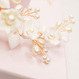 Ella Floral Ceramic Ivory Pearl Wedding Hair Comb in Gold photo 4