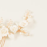 Ella Floral Ceramic Ivory Pearl Wedding Hair Comb in Gold photo 5