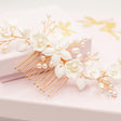 Ella Floral Ceramic Ivory Pearl Wedding Hair Comb in Gold
