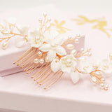 Ella Floral Ceramic Ivory Pearl Wedding Hair Comb in Gold