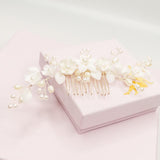 Ella Floral Ceramic Ivory Pearl Wedding Hair Comb in Silver photo 5