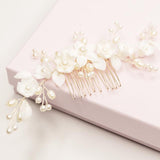 Ella Floral Ceramic Ivory Pearl Wedding Hair Comb in Silver photo 6