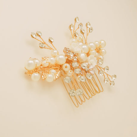 Gloria Leaves Pearl and Crystal Wedding Hair Comb in Gold photo 3