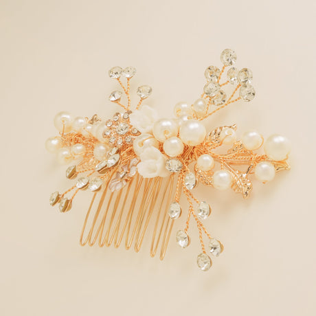 Gloria Leaves Pearl and Crystal Wedding Hair Comb in Gold photo 5