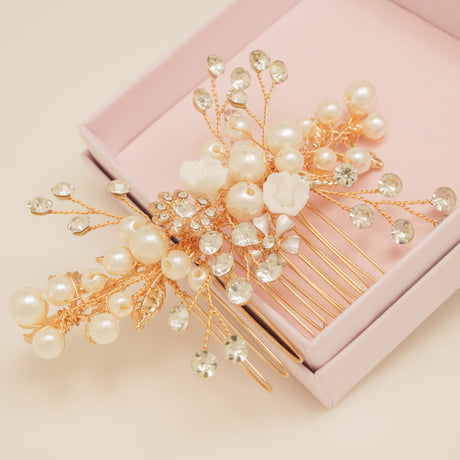 Gloria Leaves Pearl and Crystal Wedding Hair Comb in Gold photo 7