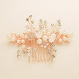 Gloria Leaves Pearl and Crystal Wedding Hair Comb in Rose Gold