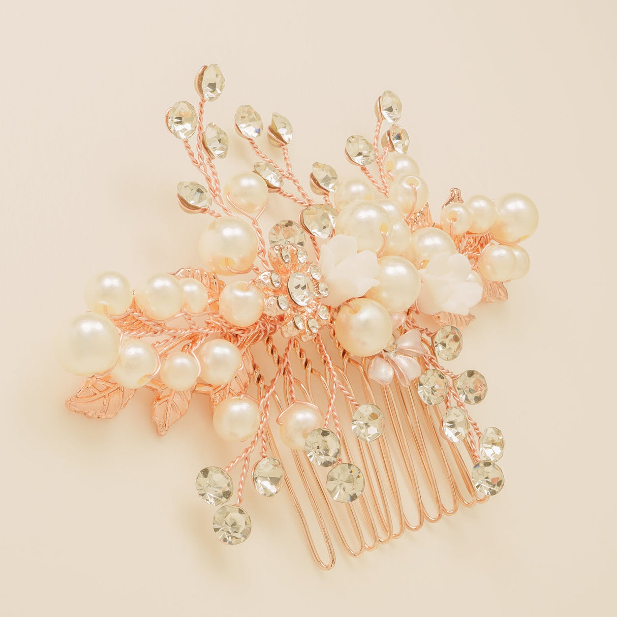 Gloria Leaves Pearl and Crystal Wedding Hair Comb in Rose Gold photo 3