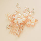 Gloria Leaves Pearl and Crystal Wedding Hair Comb in Rose Gold photo 5