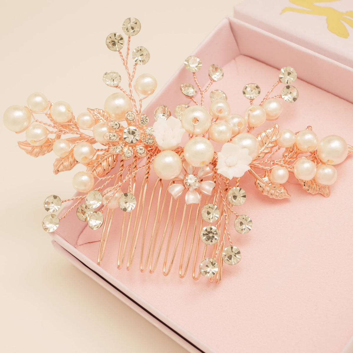 Gloria Leaves Pearl and Crystal Wedding Hair Comb in Rose Gold photo 7