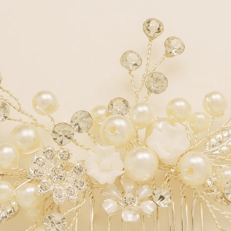 Gloria Leaves Pearl and Crystal Wedding Hair Comb in Silver photo 4