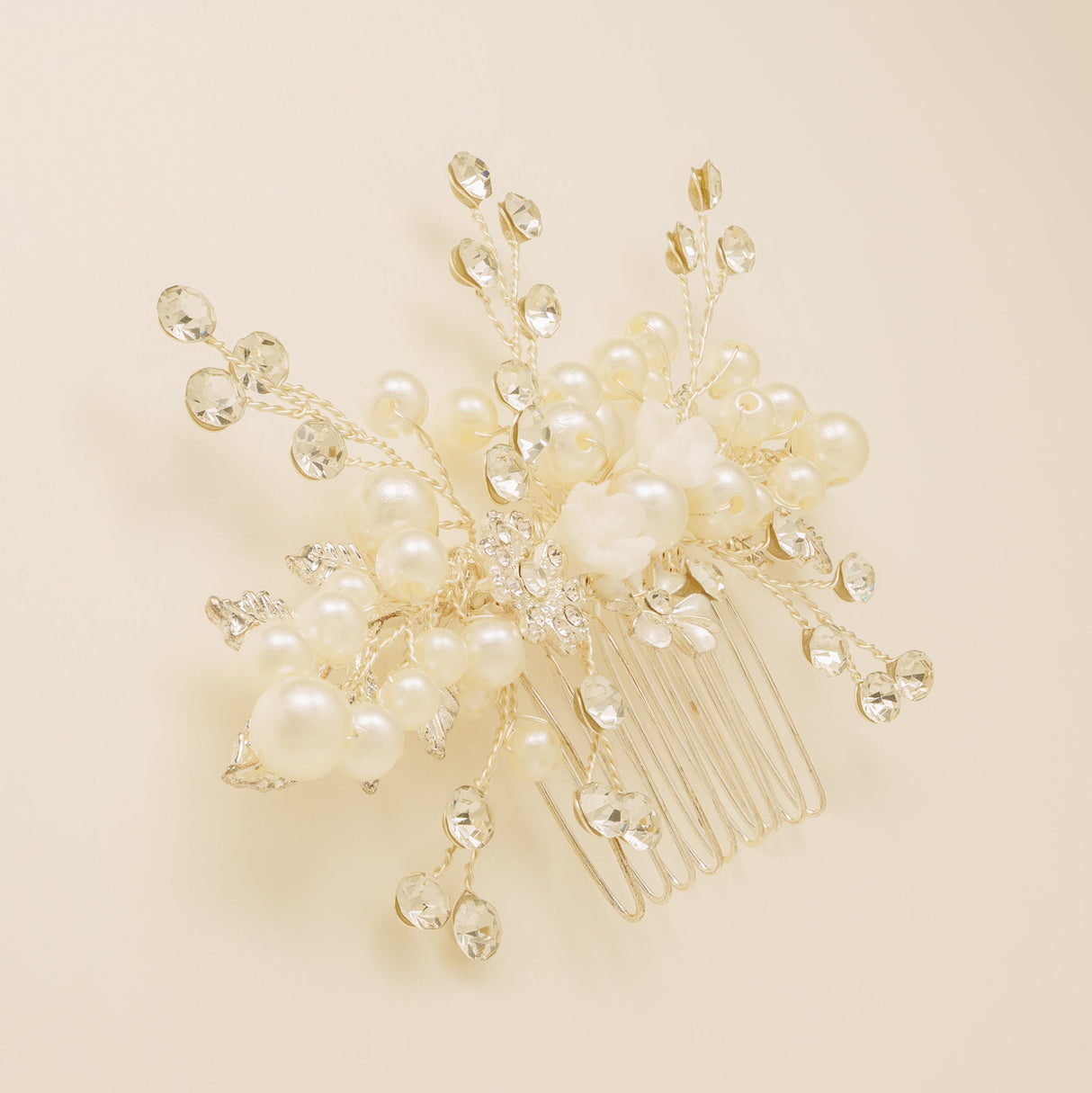 Gloria Leaves Pearl and Crystal Wedding Hair Comb in Silver photo 6