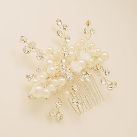 Gloria Leaves Pearl and Crystal Wedding Hair Comb in Silver photo 6