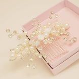 Gloria Leaves Pearl and Crystal Wedding Hair Comb in Silver
