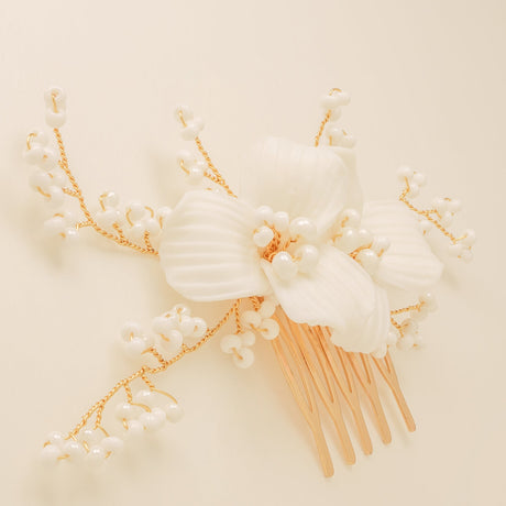 Daisy Floral Ceramic Wedding Hair Comb / Gold