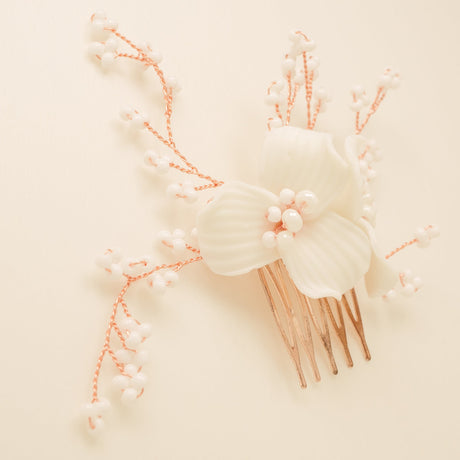 Daisy Floral Ceramic Wedding Hair Comb / Rose Gold