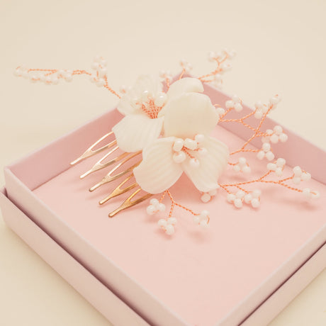 Daisy Floral Ceramic Wedding Hair Comb / Rose Gold