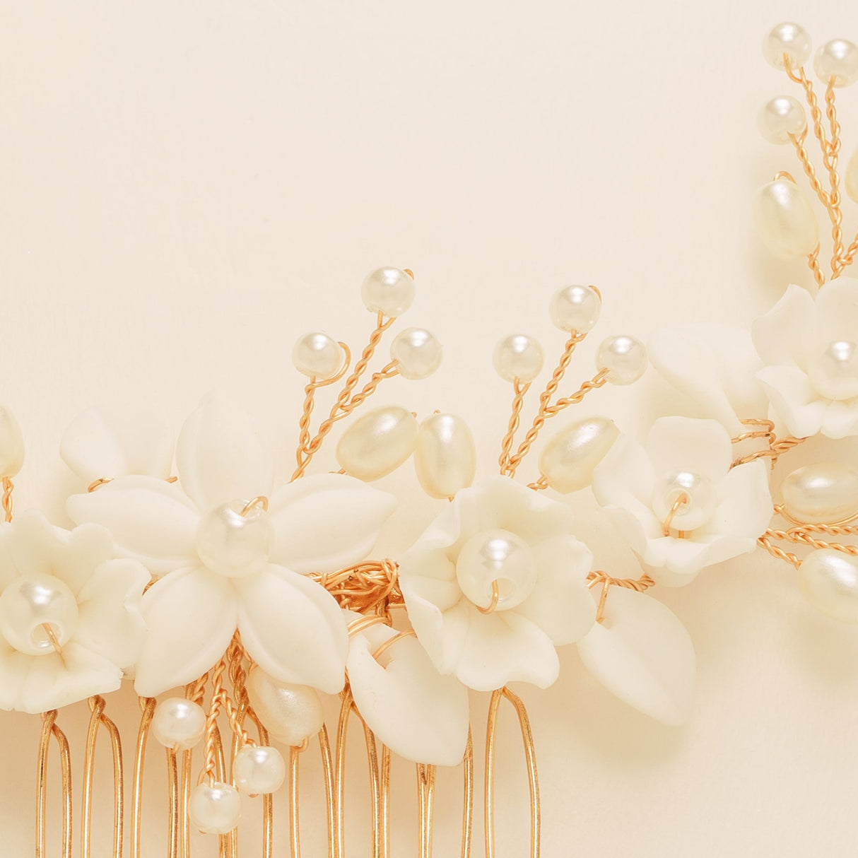 Ella Floral Ceramic Ivory Pearl Wedding Hair Comb / Rose Gold