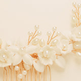 Ella Floral Ceramic Ivory Pearl Wedding Hair Comb / Rose Gold