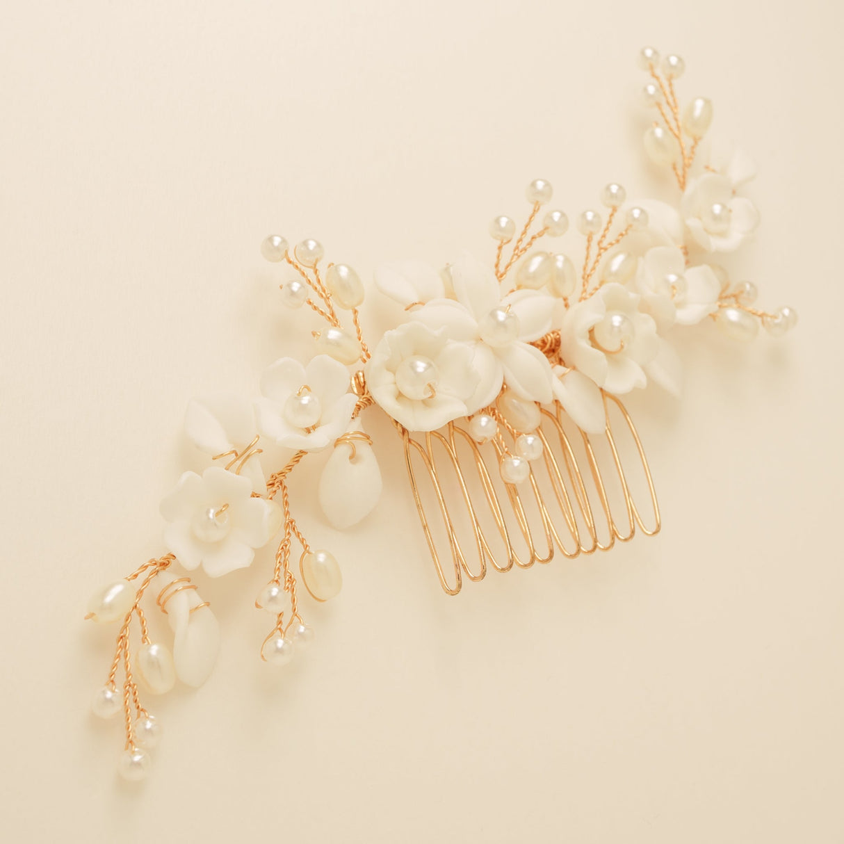 Ella Floral Ceramic Ivory Pearl Wedding Hair Comb / Rose Gold