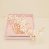 Ella Floral Ceramic Ivory Pearl Wedding Hair Comb / Rose Gold
