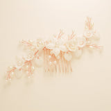 Ella Floral Ceramic Ivory Pearl Wedding Hair Comb / Rose Gold